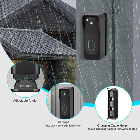 Doorbell Mount For Blink Video Doorbell 2nd Gen 2025 With An Adjustable Weatherproof Protective Case, No Drilling Required, shows installed on a wall during rain, highlighting adjustable angle and charging cable holes.
