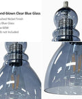 Blue Glass Pendant Lights For Kitchen Island, 6.5 Inch Handblown Glass Shades, Modern Industrial Ceiling Fixture, close-up view