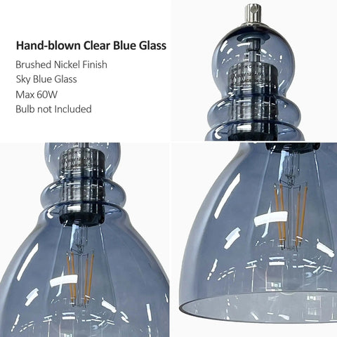 Blue Glass Pendant Lights For Kitchen Island, 6.5 Inch Handblown Glass Shades, Modern Industrial Ceiling Fixture, close-up view