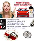 Woman gesturing next to image of a car and thief, promoting Anti Theft License Plate Screws Kit For Cars Tag Frame Holders Stainless Steel Mounting Hardware Tamper Resistant Security Screw Set 1 Quarter Inch M6 Rust Proof Chrome Caps ZXFOOG, showing a close-up of tamper-resistant screw and lock design.
