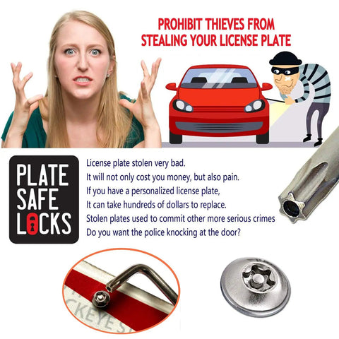 Woman gesturing next to image of a car and thief, promoting Anti Theft License Plate Screws Kit For Cars Tag Frame Holders Stainless Steel Mounting Hardware Tamper Resistant Security Screw Set 1 Quarter Inch M6 Rust Proof Chrome Caps ZXFOOG, showing a close-up of tamper-resistant screw and lock design.