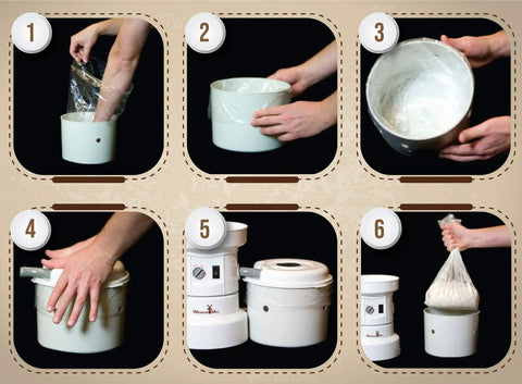 Steps showing Flour Bagger For WonderMill Electric Grain Grinder for easy bagging with bagger and 100 bags ideal for flour storage.