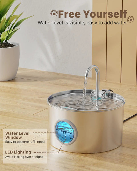 Stainless Steel Cat Water Fountain With 74oz Capacity For Hydration, visible water level, LED lighting, wooden floor, plant nearby.