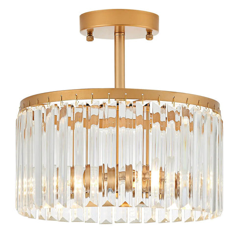 Gold 12 Inch Semi Flush Mount Crystal Ceiling Light Fixture With 38 Crystal Beads For Kitchen Modern Industrial Two Light Chandelier Style For Bedroom Entryway Hallway Living Dining Room Foyer, showing a close-up of the gold mount with hanging crystals.
