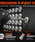 Precision 5 Point Security Torx Bit Set with Tamper Proof Star Driver Head engaging a recessed screw for secure fastening.