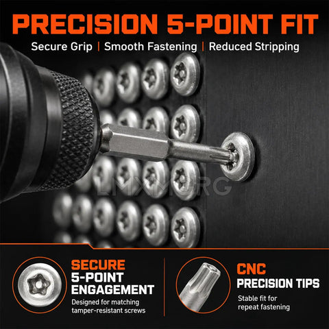 Precision 5 Point Security Torx Bit Set with Tamper Proof Star Driver Head engaging a recessed screw for secure fastening.