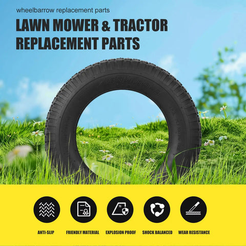 4.80/4.00-8 Tire And Inner Tube Replacement for wheelbarrows, hand trucks, lawn mowers. Premium rubber tire in grassy field.