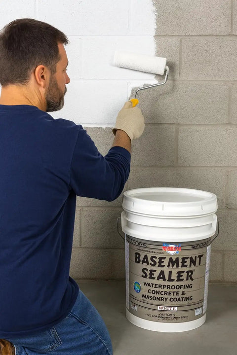 Man applying Super Slick Basement Sealer White 5 Gallon on concrete wall using a roller, showcasing waterproofing application.