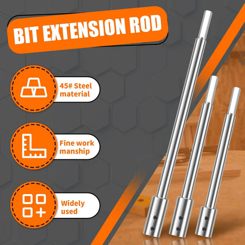 Heavy Duty Forstner Bit Extension For 3/8 Inch Round Shank Built Rock Solid With Carbon Steel For Serious Heavy Lifting And Deep Wood Drilling Pro Grade Drill Extender Kit For Weekend Warriors Expecting Top Shelf Performance On Any Build featuring three bit extension rods made from durable 45# steel.