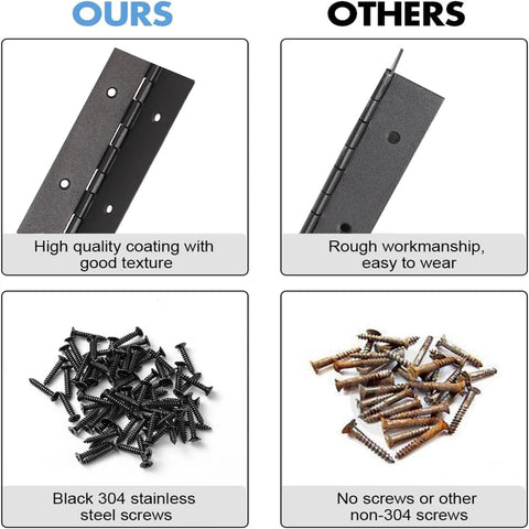 Yeecheng 2PCS black 6-inch heavy-duty piano hinge, 2-inch open width, stainless steel, pre-drilled holes and screws.