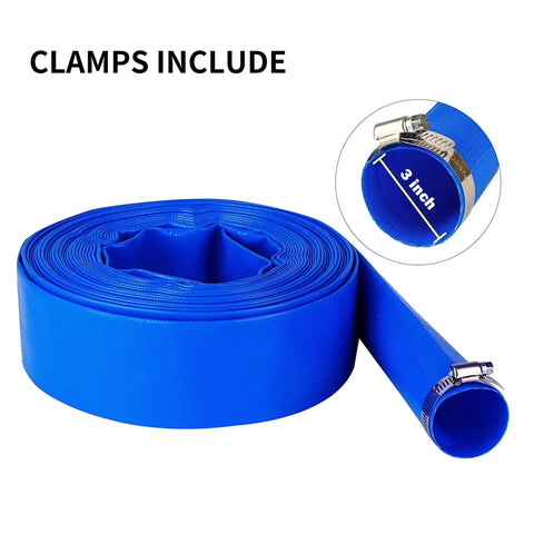 Beefy Heavy Duty 3 Inch By 100 Foot Pool Backwash Hose Lay Flat Blue PVC Water Discharge Tube Reinforced With Polyester, Leak Free Burst Resistant For Pool Drainage And Filter Cleaning, Includes Clamp, coiled with clamp visible