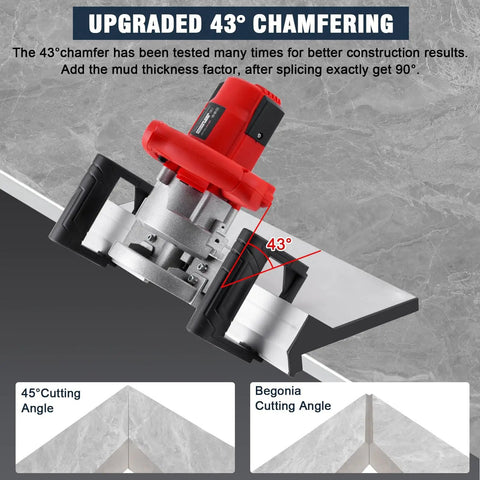 Professional Grade Electric Tile Chamfering Machine With Integrated Water Cooling System For Knockout Forty Three Degree Ceramic Bevel Cuts and Effortless Precision showing 43-degree cutting angle.