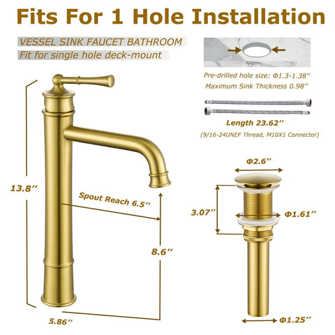Tall Polished Chrome Vessel Sink Faucet With Deck Mount One Hole Lavatory Tap Single Handle Pop Up Drain Assembly