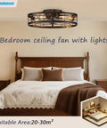 Premium Caged Ceiling Fan And Light With Remote Flush Mount Farmhouse Style Bladeless Design For Kitchen Bedroom above a bed in wooden bedroom decor.