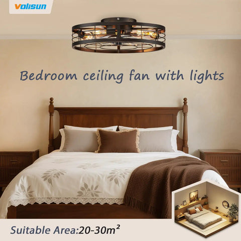 Premium Caged Ceiling Fan And Light With Remote Flush Mount Farmhouse Style Bladeless Design For Kitchen Bedroom above a bed in wooden bedroom decor.