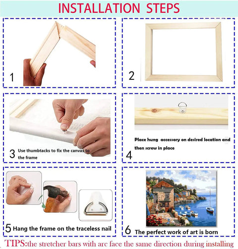 Installation steps for Two Pack 16 By 20 DIY Wood Canvas Stretcher Bars Set For Stretched Canvas Frames, showing assembly process.