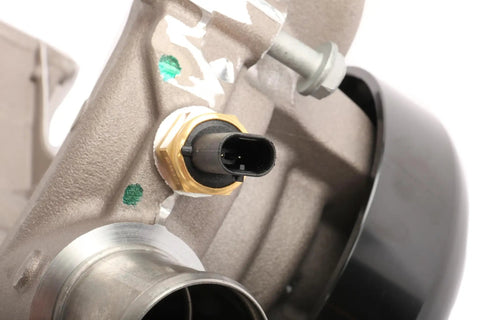 Leak Resistant Engine Coolant Pump With Smooth Bore Channels And Beefy Roller Bearings That Plug Straight In close-up view of connector and assembly.