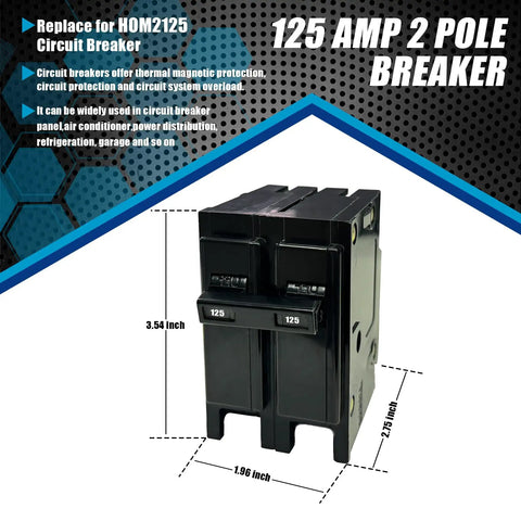 Front view of 125 Amp 2 Pole Plug In Circuit Breaker For 120 And 240 Volt Built Tough Thermal Magnetic Interrupter with dimensions