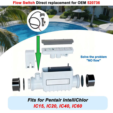 Upgraded 520736 Flow Switch Sensor With Metal Flap For Pool Chlorinator Cells Compatible With Pentair IntelliChlor IC15 IC20 IC40 IC60 3 Wire And 4 Wire Systems Great Replacement Part., pool flow switch sensor with wiring and metal flap for IntelliChlor IC15 IC20 IC40 IC60