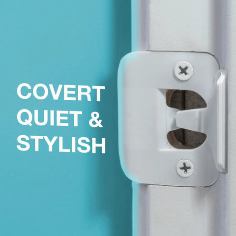 Premium Door Silencer Strike Plate That Cuts Latch Noise And Makes Slamming Chill Out Daily For Zero Stress Home Habits With Durable Flexible Rubber Mounts And Quick One Step Install close-up on white strike plate mounted on door.