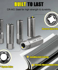 Spiral Type Deep Bolt Extractor Set Ten Pieces For Removing Damaged Stripped Frozen Or Rusted Bolts Nuts Screws Studs And Spark Plug Extraction Socket Built For Quick No Sweat Repairs with CR-MO steel, reverse spiral design, and sandblasted coating displayed.