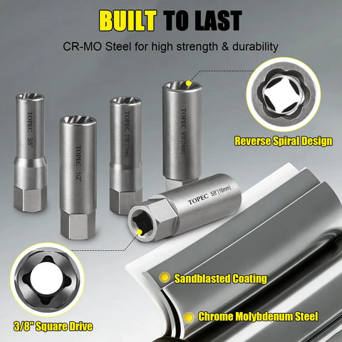 Spiral Type Deep Bolt Extractor Set Ten Pieces For Removing Damaged Stripped Frozen Or Rusted Bolts Nuts Screws Studs And Spark Plug Extraction Socket Built For Quick No Sweat Repairs with CR-MO steel, reverse spiral design, and sandblasted coating displayed.