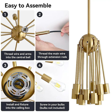 Assembly steps for Sputnik Style 15 Light Modern Chandelier With Adjustable Arms In Anti Rust Gold Finish