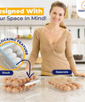 Woman demonstrating Large Capacity 36 Egg Fridge Organizer with 2 Layer Stackable Tray and Rolling Storage Anti Slip Egg Container.