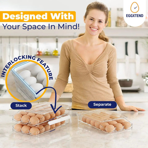 Woman demonstrating Large Capacity 36 Egg Fridge Organizer with 2 Layer Stackable Tray and Rolling Storage Anti Slip Egg Container.