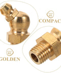 Close-up of a brass grease fitting from the 9 Piece Grease Fitting Assortment Kit With Copper Nipples For Cars And Trailers.