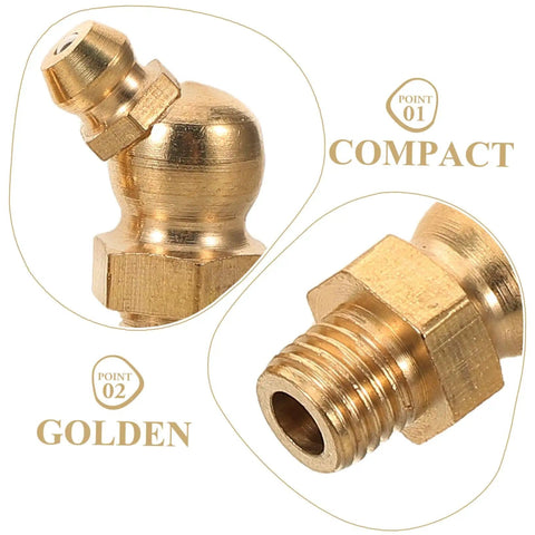 Close-up of a brass grease fitting from the 9 Piece Grease Fitting Assortment Kit With Copper Nipples For Cars And Trailers.