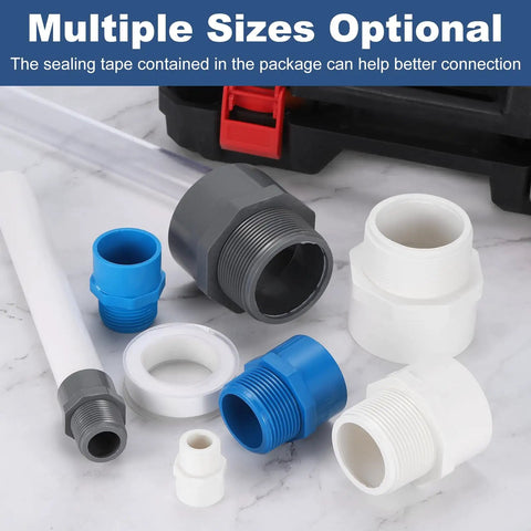 10 Pack PVC Male Adapter Pipe Fittings Three Quarter Inch 2 Way Socket To Male Thread Hose Connection Couplings With Sealant Tape For No Fuss DIY Plumbing And Water Line Projects Grey, multiple sizes on display