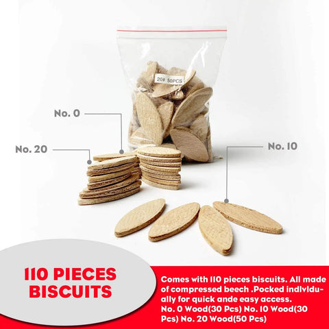No Frills 8.5 Amp Biscuit Jointer With 4 Inch Carbide Blade, Size Zero Ten Twenty Wood Biscuits Included, showing assorted wood biscuits in a bag.