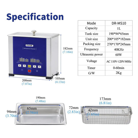 Diagram of Ultrasonic Eyeglasses Cleaner With Large 1L Tank, 60W Power And 80C Heater, showing dimensions and features.