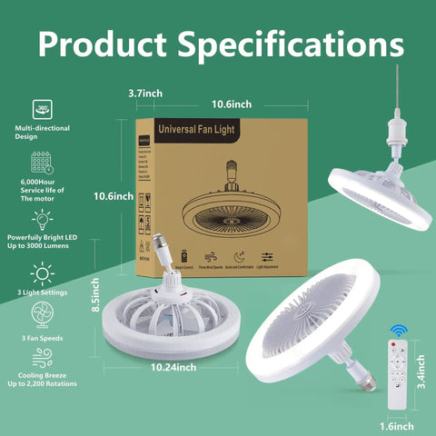 LED Light Socket Ceiling Fan With Remote For Kitchen Bathroom Or Garage Quiet White All In One Lighted Ceiling Fan Energy Saving Easy Screw In Install No Tools Needed Standard Socket Base, showing specifications and packaging.