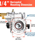 Horizontal Pressure Washer Pump With Three Quarter Inch Shaft, Up To 3000 PSI And 2.5 GPM Replacement For Power Washers, Fits Most 180cc To 212cc Engines, Compatible With Homelite, Troy Bilt, Simpson And Honda GC160, front view with dimensions