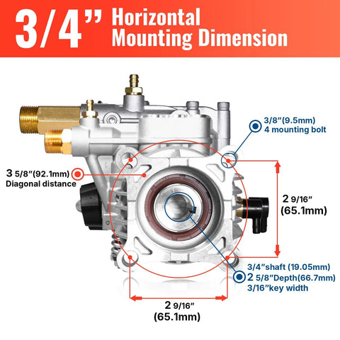 Horizontal Pressure Washer Pump With Three Quarter Inch Shaft, Up To 3000 PSI And 2.5 GPM Replacement For Power Washers, Fits Most 180cc To 212cc Engines, Compatible With Homelite, Troy Bilt, Simpson And Honda GC160, front view with dimensions