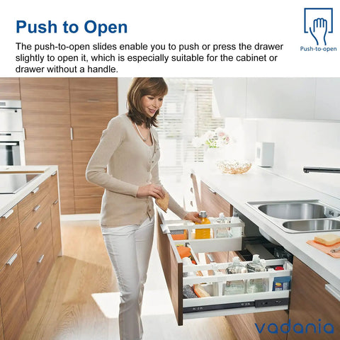 Woman using Push To Open 24 Inch Drawer Slide, 3-Fold Full Extension, Heavy Duty 100lb Load Capacity For Handleless Cabinets And Drawers.