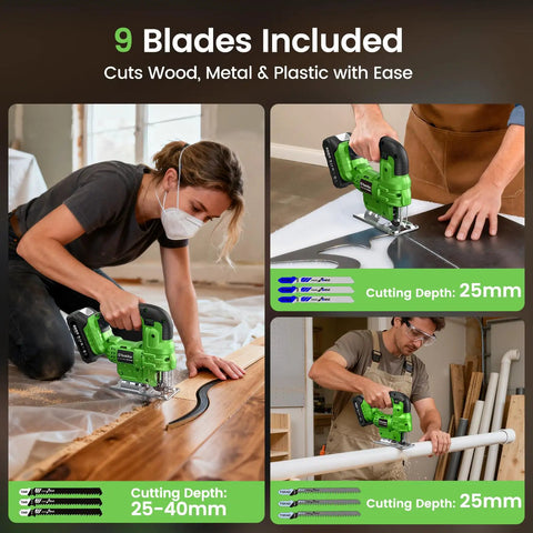 Straight Up Compact Cordless Jigsaw Kit With Dual 2.0Ah Batteries Rapid Fire Charging And Nine Snap Swap Blades for effortless wood and metal cuts.