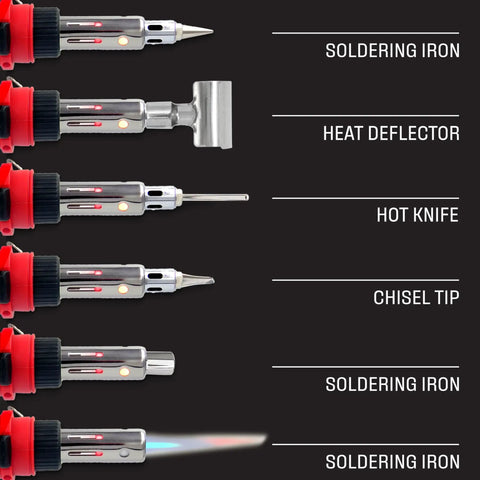 Close-up of 5 tips for the 3 In 1 Butane Soldering Iron Kit With Self Ignition Portable Cordless Torch And Heat Gun, labeled soldering iron, heat deflector, hot knife, chisel tip, soldering iron.