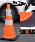 Six Pack 28 Inch Traffic Safety Cones Orange Heavy Duty Construction Cone Set for Roadway Parking and Public Place Traffic Control Pro Grade Weather Resistant PVC, highlighting solid base and reflective band.