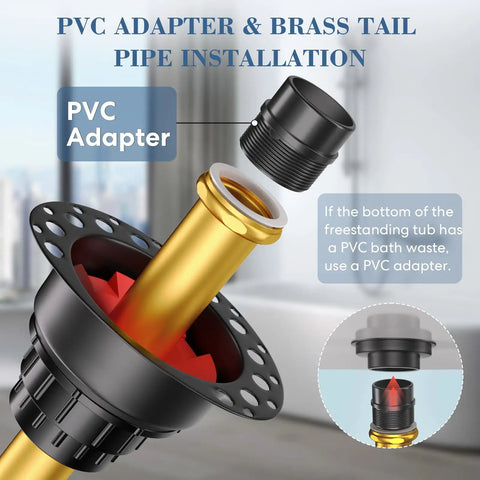 Hassle Free Freestanding Tub Drain Kit With Bolt Tight Brass Tail Pipes And Slick PVC Adapter Rough In Rig for installation.