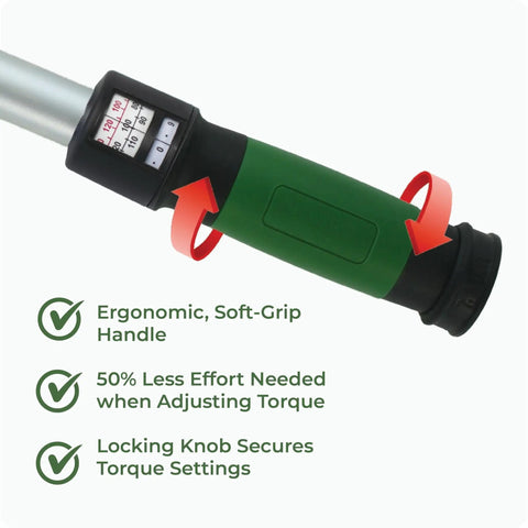Click Style Torque Wrench With Three Eighths Inch Drive 50 To 250 Inch Pounds Range ergonomic grip and easy read scale close-up