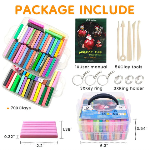 70 Color Polymer Clay Kit With Oven Bake Clay For Kids And Adults Diy Sculpting Molding Clay Set With Tools And Jewelry Accessories Arts And Crafts Gift For Boys And Girls Safe Non Toxic Craft Kit package contents displayed including clay blocks, tools, and key rings.