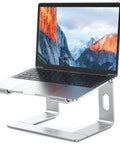 Aluminum Laptop Stand With 6 Inch Elevation, Ergonomic Detachable Notebook Riser, For 10 To 15.6 Inch Laptops Like Air Pro Dell HP Lenovo And More, Slim Silver showing a laptop elevated on it.