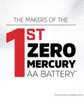 Graphic showing 1st ZERO MERCURY AA BATTERY with a large red 1 and bold black ZERO MERCURY text.