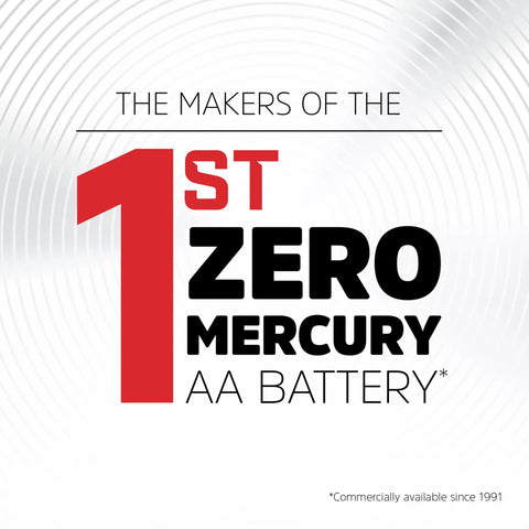 Graphic text reading 'The Makers of the 1st Zero Mercury AA Battery' on a silver textured background.