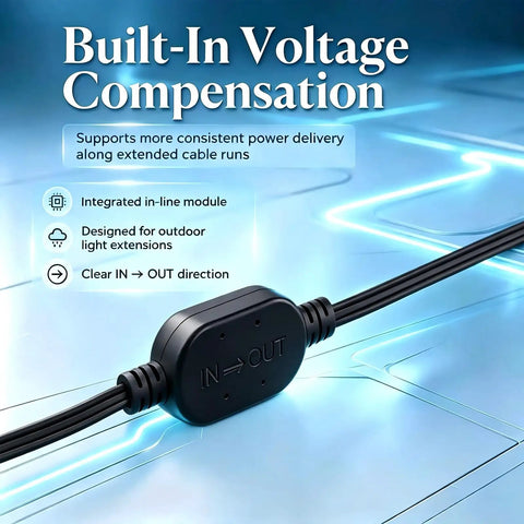16 Foot Outdoor Extension Cord Featuring Built In Voltage Booster For Permanent Yard Lighting And Holiday String Cables Heavy Duty Weatherproof Wire image showing integrated in-line module for outdoor lighting.
