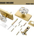 Crystal Glass Door Knobs With Lock Satin Brass Finish For Bedroom And Bathroom Privacy Knob Easy To Install Modern Interior Door Hardware Adds Lux Look And Reliable Security shown with installation hardware and components.