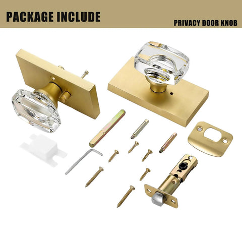 Crystal Glass Door Knobs With Lock Satin Brass Finish For Bedroom And Bathroom Privacy Knob Easy To Install Modern Interior Door Hardware Adds Lux Look And Reliable Security shown with installation hardware and components.